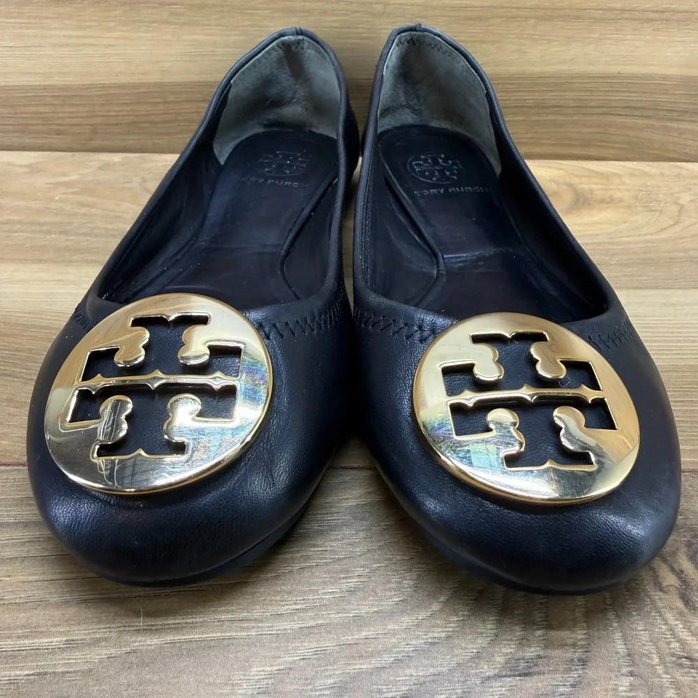 Tory Burch Reva Flats Black Soft 6.5 M Soft Leather Gold Logo Modern Office Walk